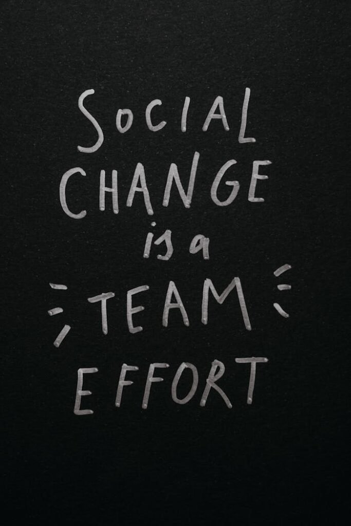 Inspirational quote 'Social Change is a Team Effort' on a black background, emphasizing collective action.