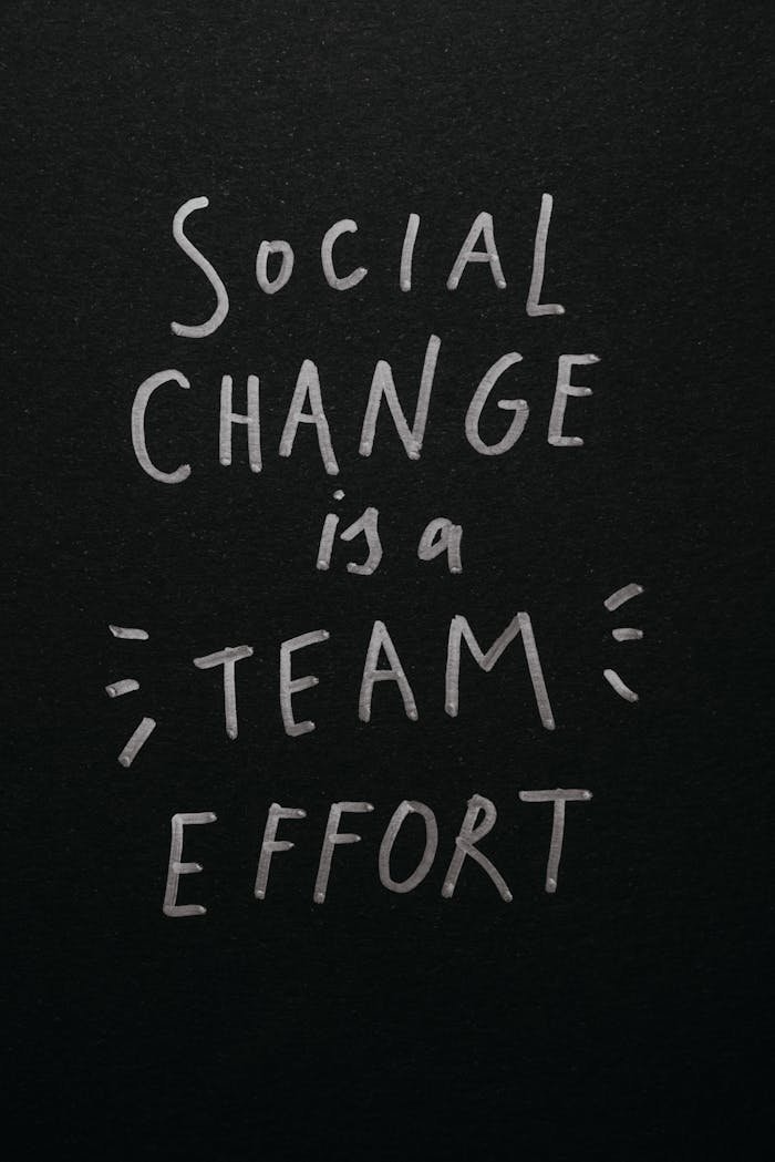 Inspirational quote 'Social Change is a Team Effort' on a black background, emphasizing collective action.